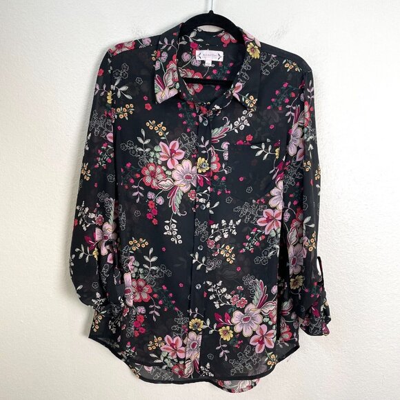 Nanette Lepore Womens Large Floral Sheer Button Up Blouse Long Sleeve Shirt Top - Picture 1 of 10